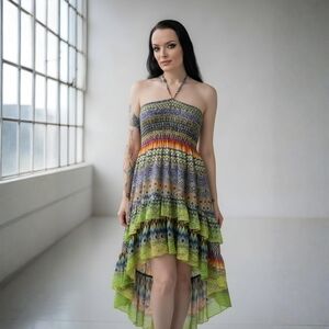 Lapis ✦ Boho Rainbow Halter Dress ✦ Lace Hi-Low Hem + Festival Vibes Sz S EUC